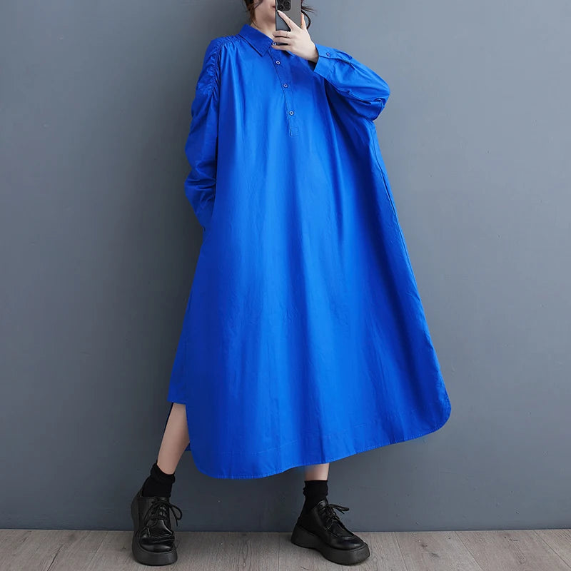 XITAO Casual Shirt Dress Hollow Out Folds Long Sleeve Dress Loose Fashion Simplicity Solid Color Turn-down Collar Women ZY8653