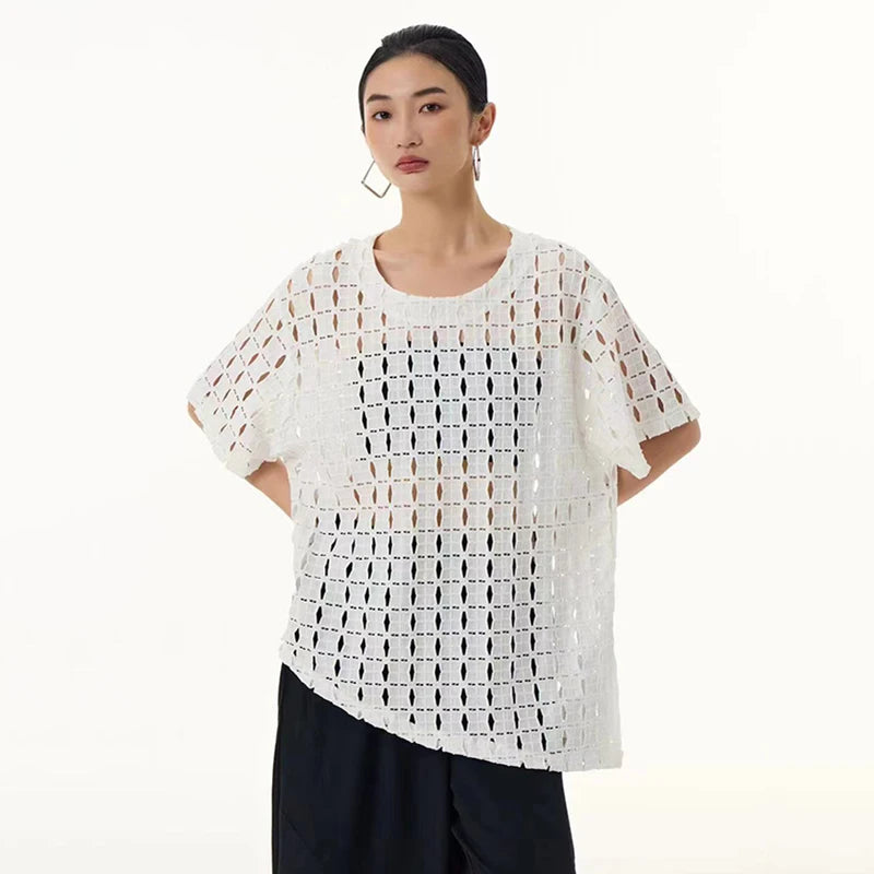 XITAO Asymmetric Hollow Out Female T-shirt Solid Color Loose Fashion Short Sleeve Summer O-neck Simplicity Pullover Top LYD1872