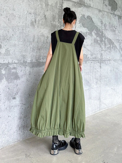 XITAO Casual Tooling Strap Dress Solid Color Zipper Splicing Loose Women Summer New Dress Folds Hem Simplicity All-match ZY8825