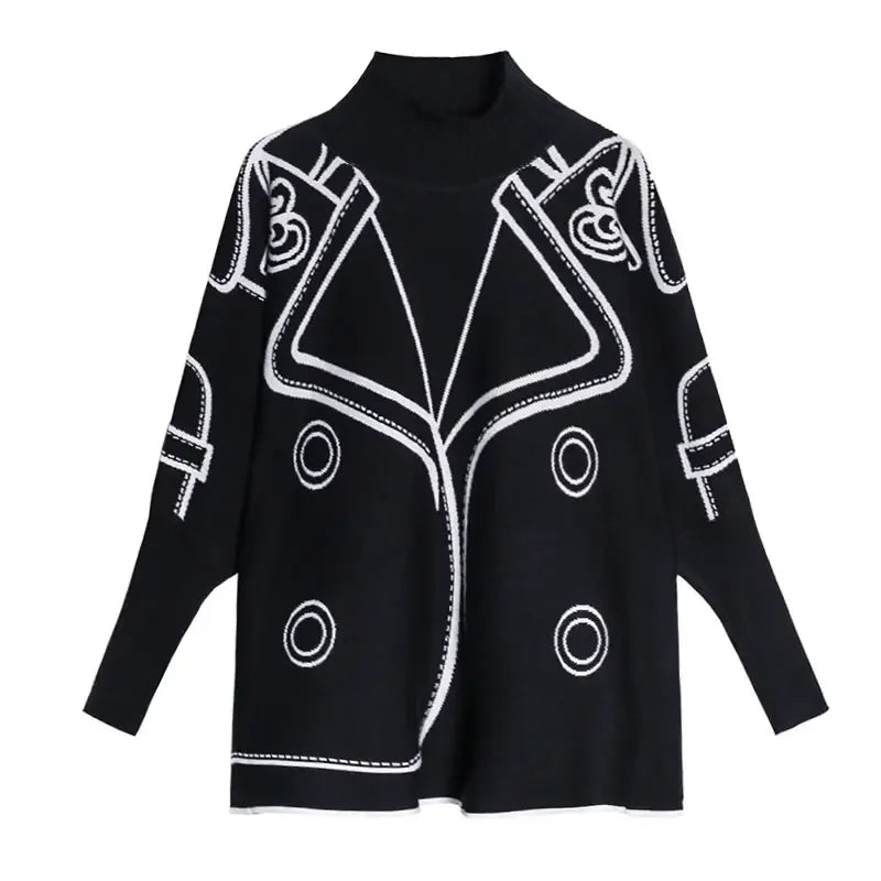 XITAO Knitted Sweater Goddess Fan White Black Splicing Autumn Geometrical Pattern Print Sweater WMD4018