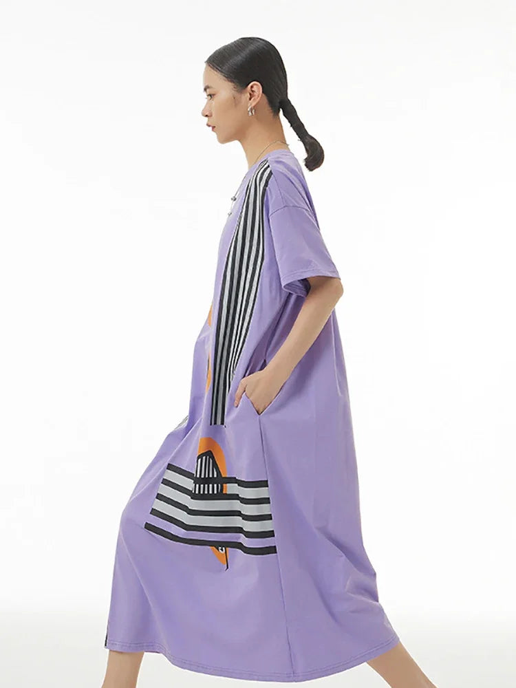 XITAO Striped Print O-neck Loose Dress Pocket Pullover Show Thin Summer New Arrival Fashion Temperament All Match WLD11670