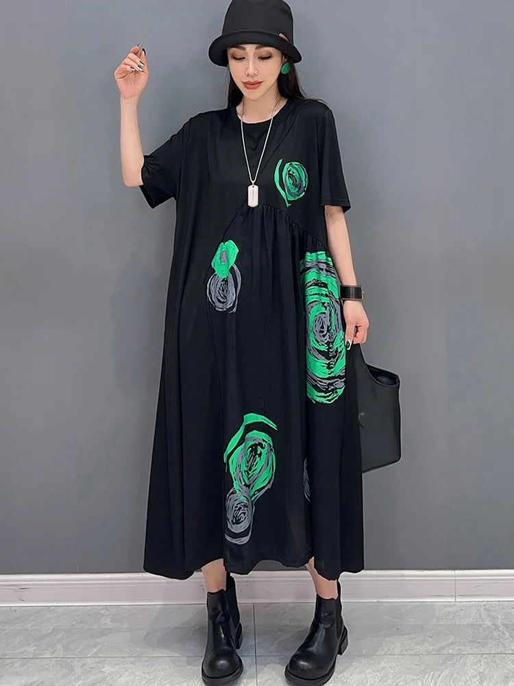 XITAO Short Sleeve Print O-neck A-line Dress Patchwork Sense of Design Fashion Loose Elegant Temperament Women Dress LYD1728