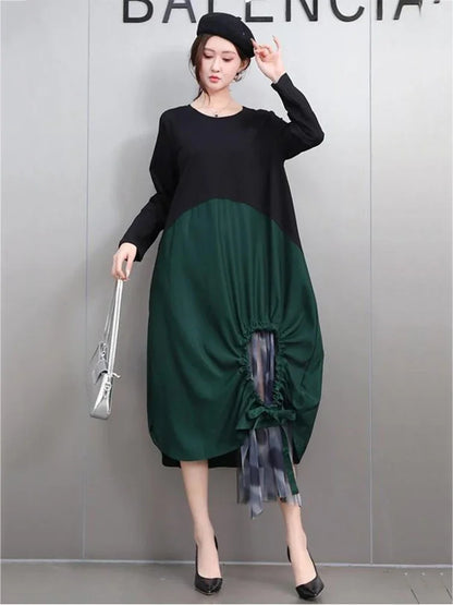 XITAO Patchwork Contrast Color Pleated Mesh Dress Casual Irregular A-line O-neck Full Sleeve Loose Fitting Autumn Dress GMM1330