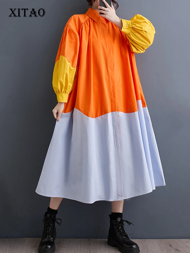 XITAO Patchwork Contrast Color A-line Dress Pleated Lantern Sleeve Casual Single Breasted Spring Women New Dress DMJ3851