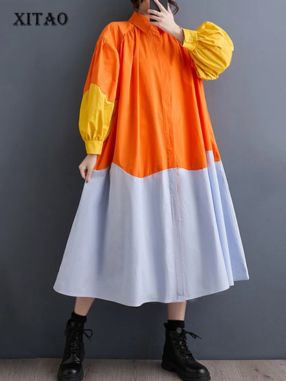 XITAO Patchwork Contrast Color A-line Dress Pleated Lantern Sleeve Casual Single Breasted Spring Women New Dress DMJ3851