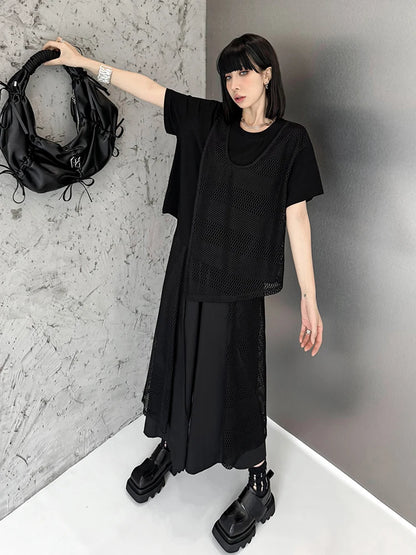 XITAO Mesh Patchwork Pants Sets Black Loose Fashion Lace-up Splicing Women Wide Leg Pants Two Pieces Sets Summer New ZY8842