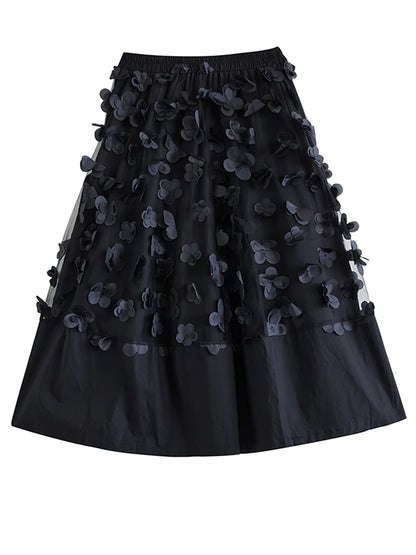 XITAO Korea Patchwork Women A-line Skirt Elastic Waist Flower New Autumn 2024 Female Ankle Length Black Splicing Skirt LJ1066