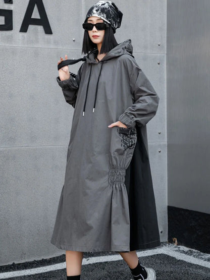 XITAO Loose Casual Pullover Mid-calf Women Dress Patchwork Hooded New Arrival Fold Fashion Long Sleeve A-line Dress ZYY1003