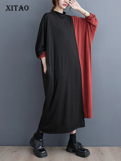 XITAO Casual Patchwork Contrast Color Batwing Sleeve Dress Half High Collar A-line Autumn 2024 New Arrival Women Dress ZYY1055