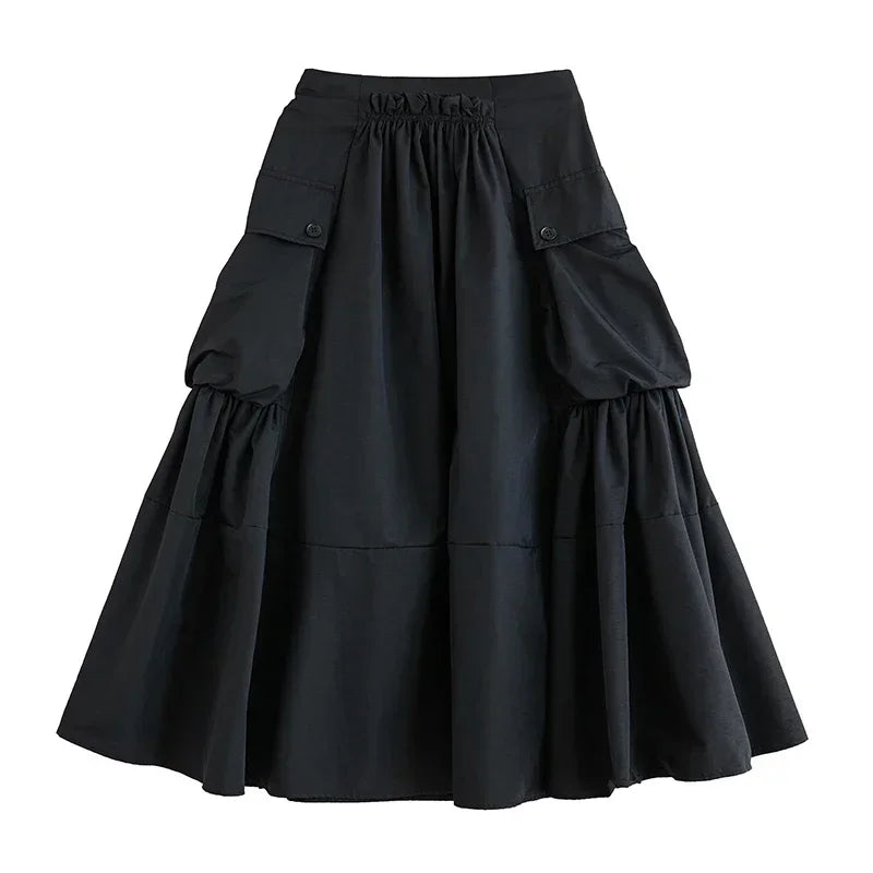 XITAO Big Pocket Elastic Waist A-line Skirt Pleated Solid Color Fashion Loose Street Trendy 2024 Spring Women Skirt DMJ3981