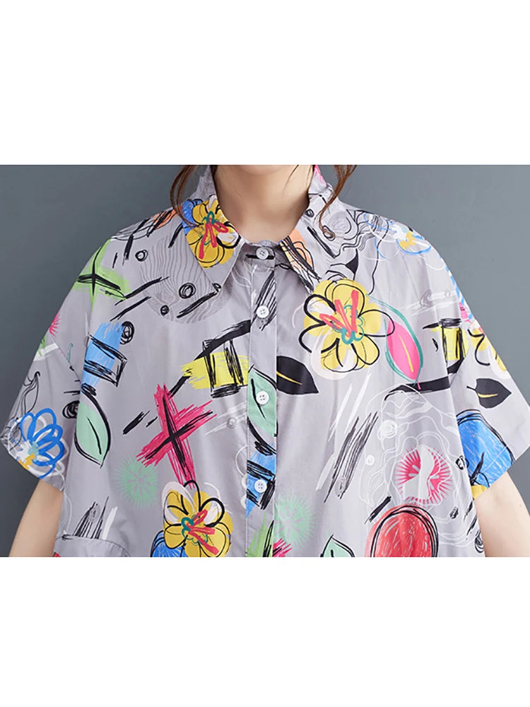 XITAO Loose Print Patchwork Dress Turn Down Collar Short Sleeve Single Breasted Slimming Summer Fashion Women Dress LYD1757