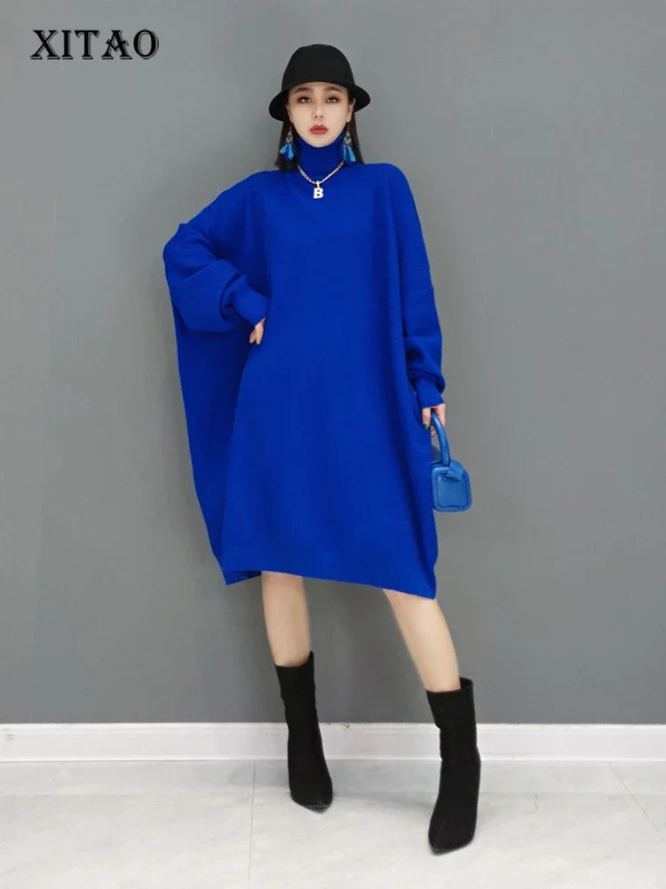 XITAO New Knitting Dress Loose Fashion Turtleneck Pullover Large Size Casual Batwing Sleeve Women 2024 Spring All-match WMD4039