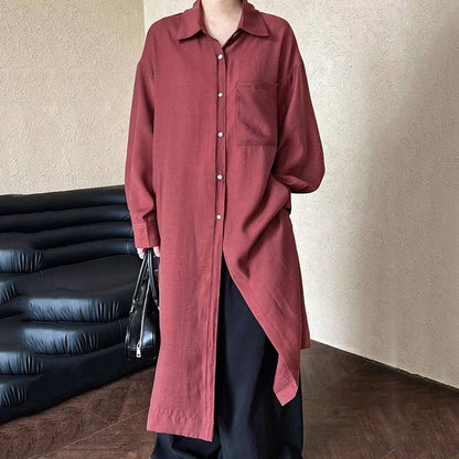 XITAO Single Breasted Turn-down Collar Split Dress Pocket Patchwork Solid Color Long Sleeve Loose Dress 2024 Autumn New GJ1082