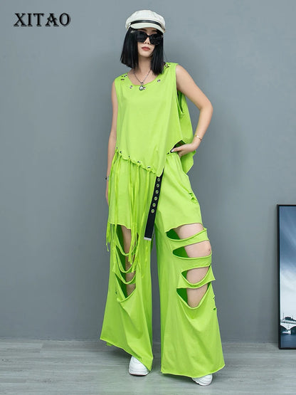 XITAO Personality Sleeveless Women Set Asymmetrical Tassel T-shirt Top Hole Wide Leg Pants Two Pieces Sets Street Trendy DMJ4145