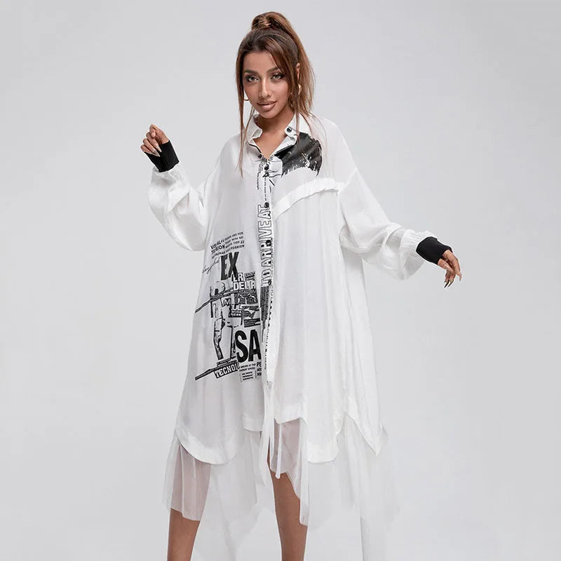 XITAO Mesh Patchwork Shirt Dress Fashion Print Irregular Hem Casual Personality Street Style Minority New Arrival Women WMD5010