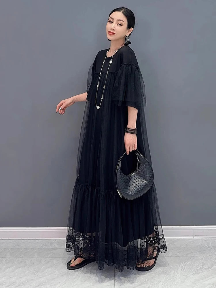 XITAO Black Gauze Patchwork O-neck Pullover Dresses Short Sleeve Loose Temperament Slimming Summer New All Match ZY8865