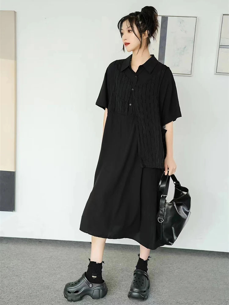 XITAO Turn-down Collar Patchwork Dress Solid Color Short Sleeve Pullover Loose Slimming Dress 2024 Summer New All Match WLD20146