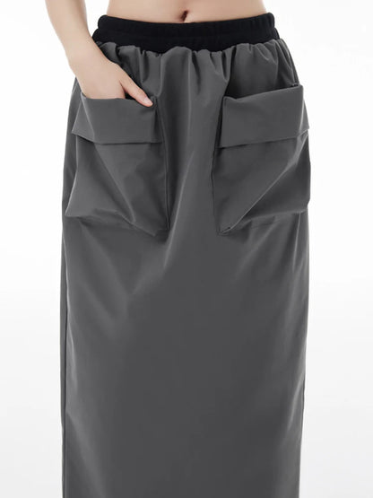 XITAO Big Pocket Female Casual Tooling Skirts Fashion Simplicity Solid Color Women Slit Straight Skirt Summer New HQQ2121