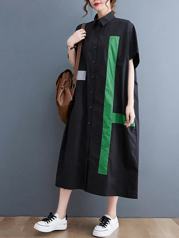 XITAO Simplicity Casual Shirt Dress Loose Fashion Contrast Color Patchwork Bat Wing Sleeve Shirt Dress Summer New WLD13734