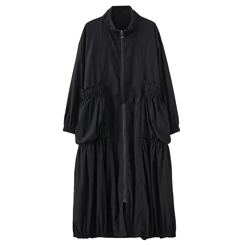 XITAIO Zipper Drawstring Pleats Pocket Trench Casual Loose Fitting A-line Full Sleeve Stand Collar Autumn Women Trench GMM1188