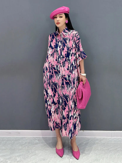 XITAO Print Turn-down Collar Single Breasted Dresses Short Sleeve Pocket Mid-calf Loose Shirt Dress 2024 Summer Casual ZY8754