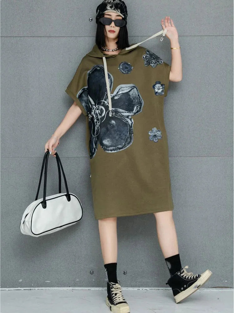 XITAO Hooded Print Flower Half Sleeve Dress Casual Loose Fitting A-line Knee-length Pullover Simple Summer Women Dress GMM1324