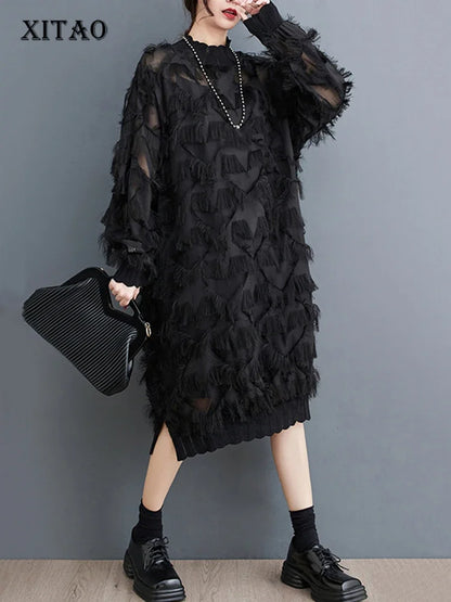 XITAO Irregular Tassel Dress Fashion Lace Casual Stand Collar Autumn New Arrival Women Loose Temperament Dress DMJ1914