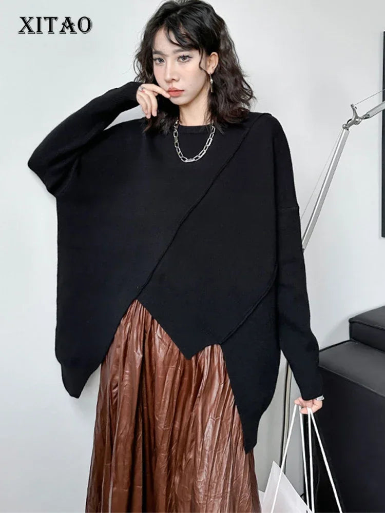 XITAO O-neck Full Sleeve Knitting Sweaters Loose Personality Irregular Fashion Solid Color Spring Women New Sweaters LYD1275