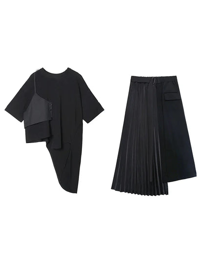 XITAO Black Two Piece Set Women Hlaf Sleeve Asymmetrical T-shirt Top Elastic Wasit Pleated Mid Calf Skirt Irregular Style WLD9510