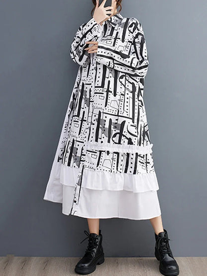 XITAO Irregular Print Shirt Dress Fashion Edible Tree Fungus Patchwork Women spring summer New Arrival  Loose Dress CX1028