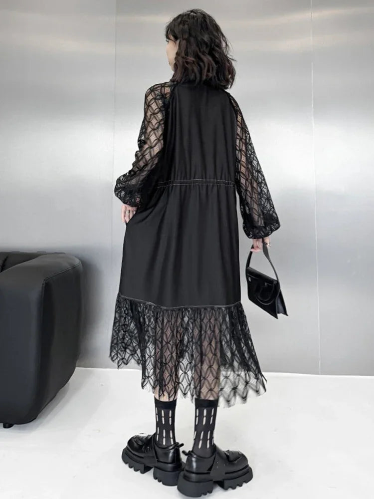 XITAO Patchwork Lace Irregular Dress Casual Loose Fitting A-line Turn-down Collar Mid-calf Hong Kong Autumn Women Dress GMM1190