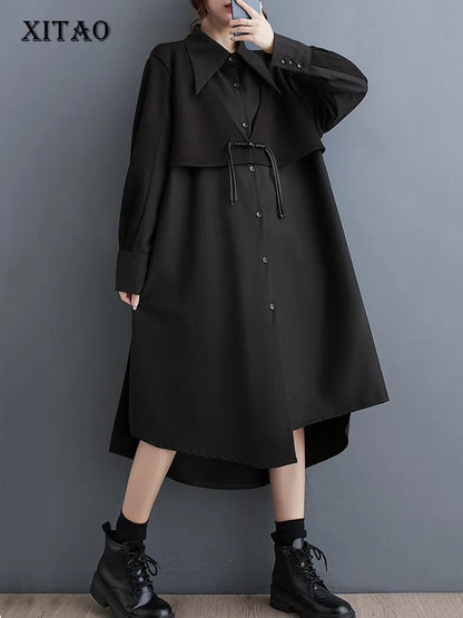 XITAO Patchwork Single Breasted Dresses Solid Color Turn-down Collar Loose Casual Shirt Dress Spring Fashion New DMJ3984