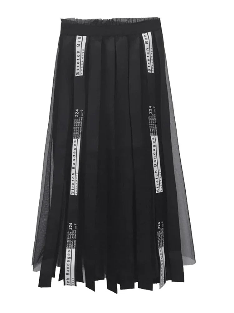 XITAO Mesh Hollow Out Print Letter Long Skirt Women Tape Elastic Waist Black Casual A-line Summer 2019 New Korea WLD1084