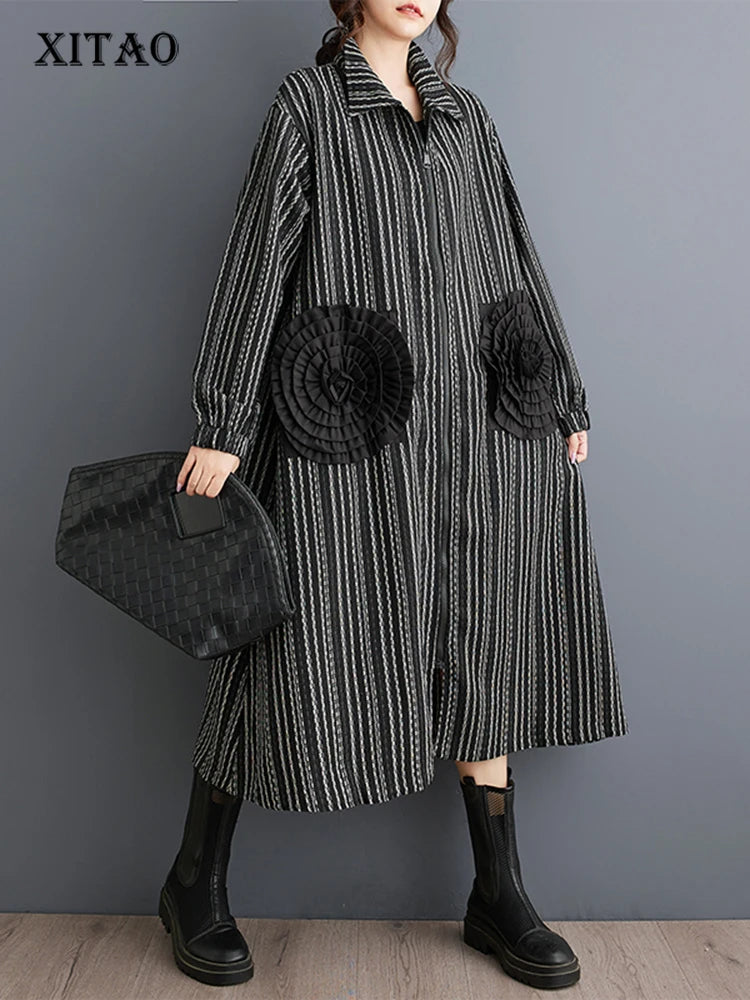 XITAO Stripe Color Turn Down Collar Female Dress Long Sleeve Zipper A-line Loose Patchwork A-line 2024 New Autumn Dress GYX1078