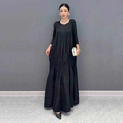 XITAO Irregular Folds Dress Solid Color Temperament Three Quarter Sleeve V-neck Collar Women Dress 2024 Summer New WLD20190