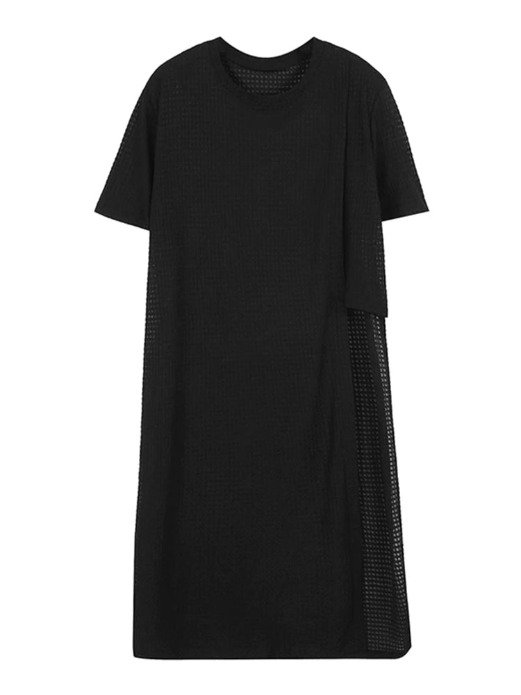 XITAO Asymmetrical Hollow Out T-shirt Dress Solid Color Loose Fashion Casual Women Summer New Long O-neck Dress 2024 LYD1888