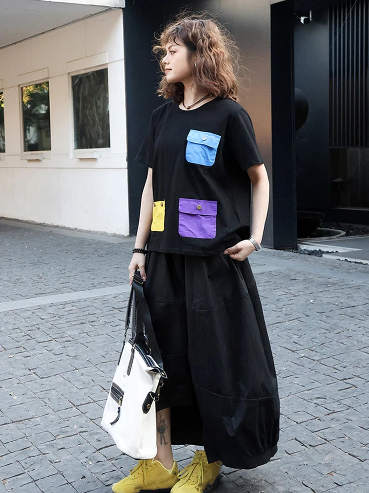 XITAO Pocket Patchwork Contrast Color T-Shirts O-neck Pullover Short Sleeve Casual All Match Slimming Loose T-Shirts ZY8922