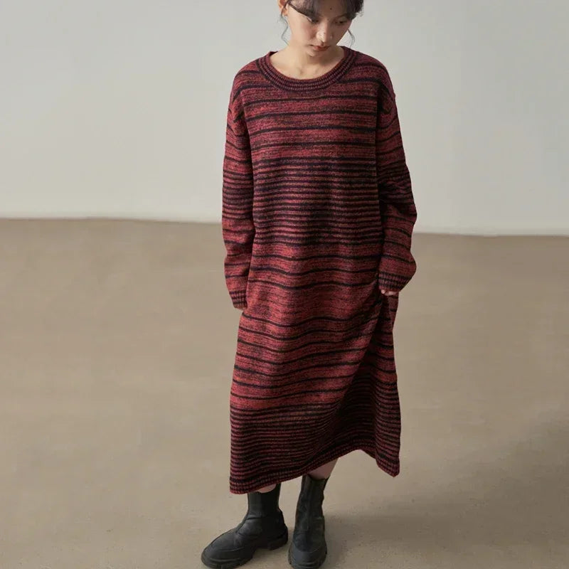 XITAO Striped Knitting O-neck Dress Full Sleeve Loose Casual Pullover Contrast Color Spring Women New All-match Dress DMJ3280