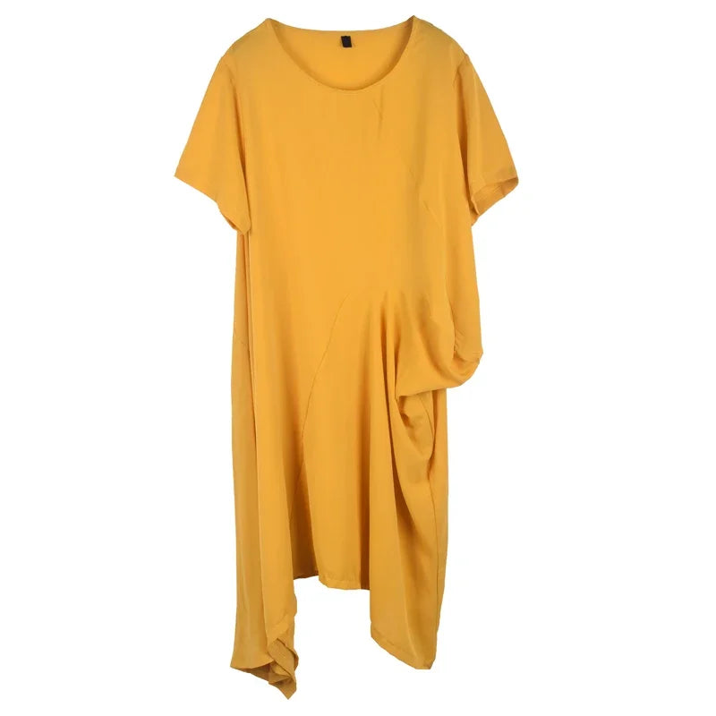 XITAO Asymmetrical Folds Splicing Dress Solid Color Temperament Simplicity O-neck Collar Casual Loose New WMD5417