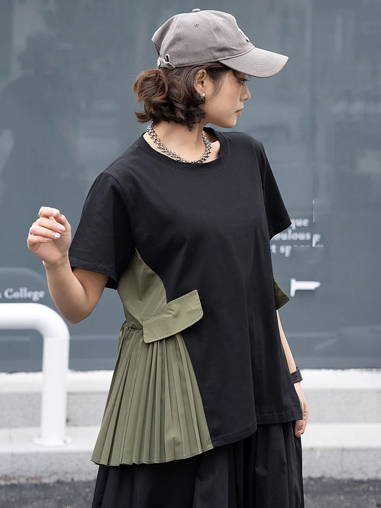 XITAO Pleated Patchwork T-shirt Loose Casual Contrast Color Fashion Simplicity Spring Summer New Women T-shirt Top GJ1005