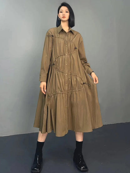 XITAO Loose Solid Draw Pleated Shirt Dress Single Breasted Turn-down Collar Mid-calf Full Sleeve Casual All Match Dress ZYY1004