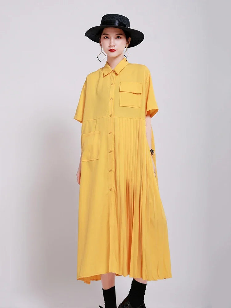 XITAO Patchwork Pleated Pocket Elegant Dress Women Clothes 2020 Summer New Fashion Turn Down Collar Loose Dresses DMY4747