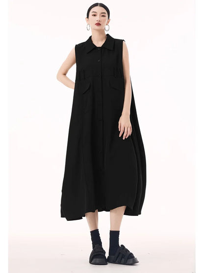 XITAO Sleevel Single Breasted Pocket Dress Mid-calf Turn-down Collar Female Fashion Solid Color Casual Slimming Dress GMM1360