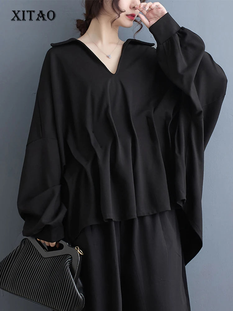 XITAO Black Casual Folds Women Blouse V-neck Collar Loose Top Batwing Sleeve Pullover Shirt Spring Simplicity New LYD1506