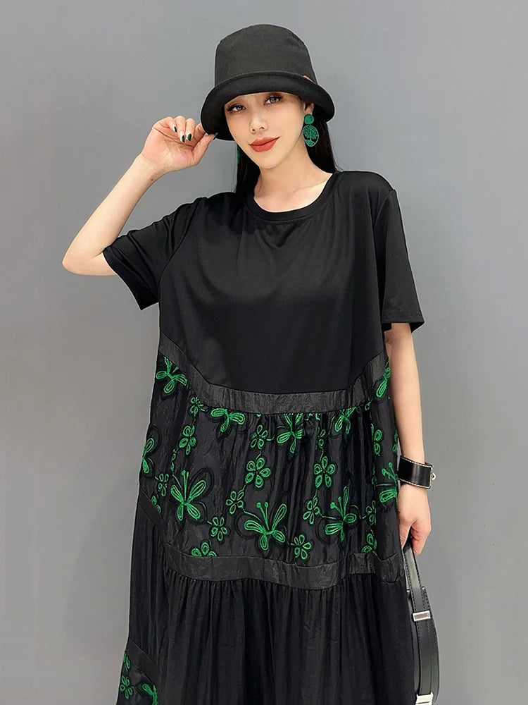 XITAO Lace Embroidery Female Patchwork Dress Fashion Contrast Color Casual Shirt T-shirt Dress 2024 Summer New Women ZY8747