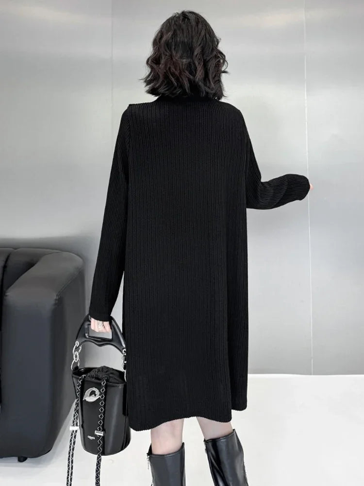 XITAO Solid Color Temperament Hollow Out Dress Loose Pullover Sliming Full Sleeve Mid-calf All Match Knitted Dress ZYY1022