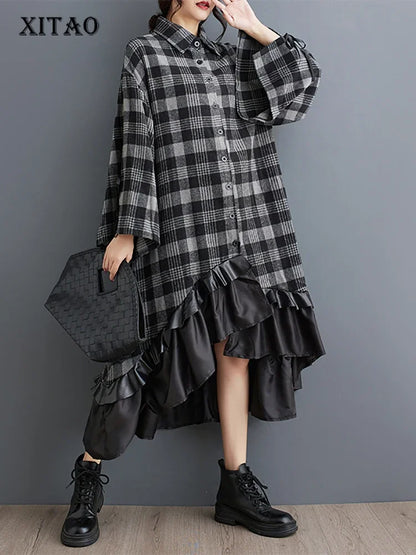 XITAO Plaid Flare Sleeve Asymmetrical Dress Single Breasted Turn-down Collar Patchwork Fashion Shirt Dresses 2024 Autumn LJ1010