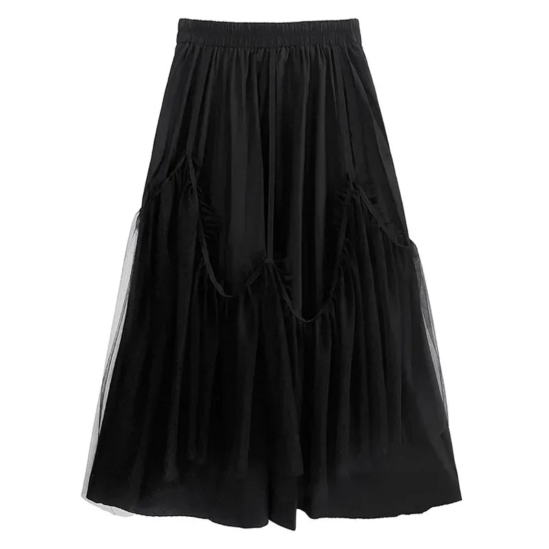 XITAO Mesh Black Skirt High Waist Solid Color Patchwork Minority Loose Elegant 2024 Summer Loose Casual Style Skirt WLD11307