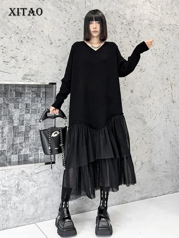 XITAO Mesh Patchwork Knitted Women Dresses Casual V-neck Long Sleeves Pullover Fashion New 2024 Autumn Female Dress GYX1057