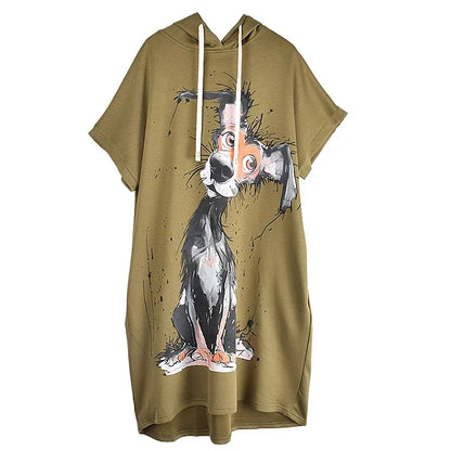 XITAO Hooded Drawstring Animal Print Casual Dress Fashion Loose Fitting Half Sleeve Pullover New Summer Women Dress GMM1201